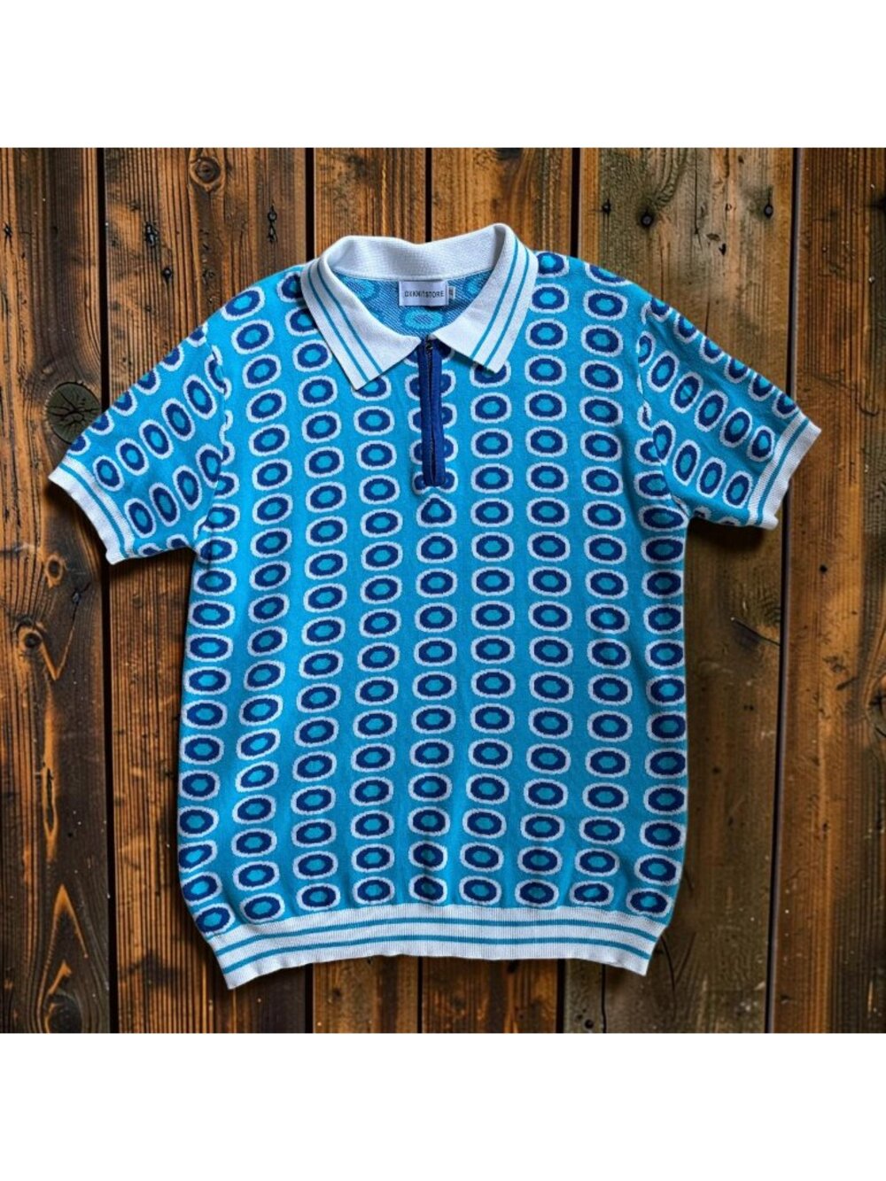 OXKNIT STORE Retro Knit Polo Shirt Men XL Blue Geometric Mod 60s 70s Quarter Zip